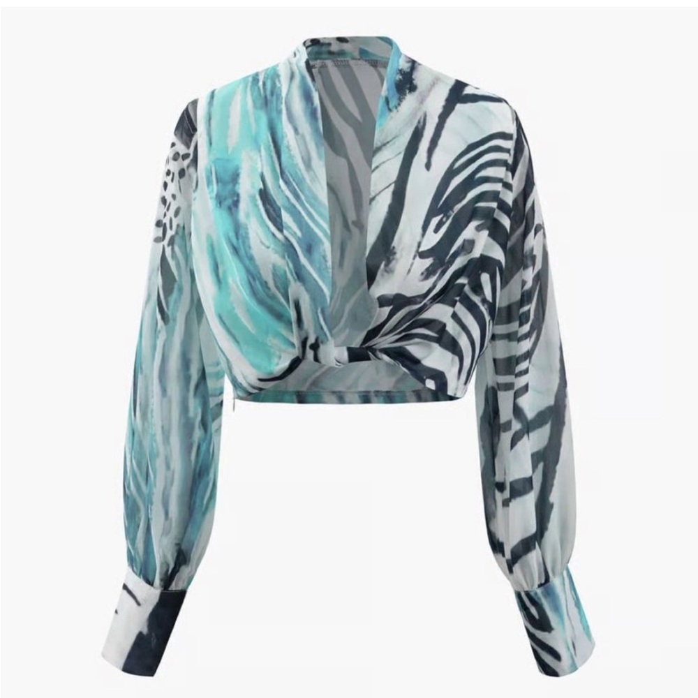 Abstract Print Long Sleeve Maxi Dress with Blue Draped Waist - Picture 2 of 7